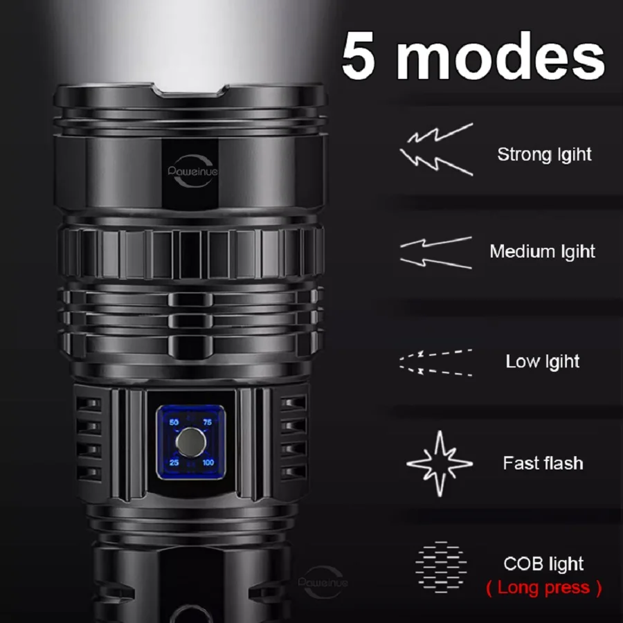 15000mAh High Power LED Flashlights 1000W LED Rechargeable Torch COB Light Type-C Powerful Tactical Flashlight Outdoor Lantern