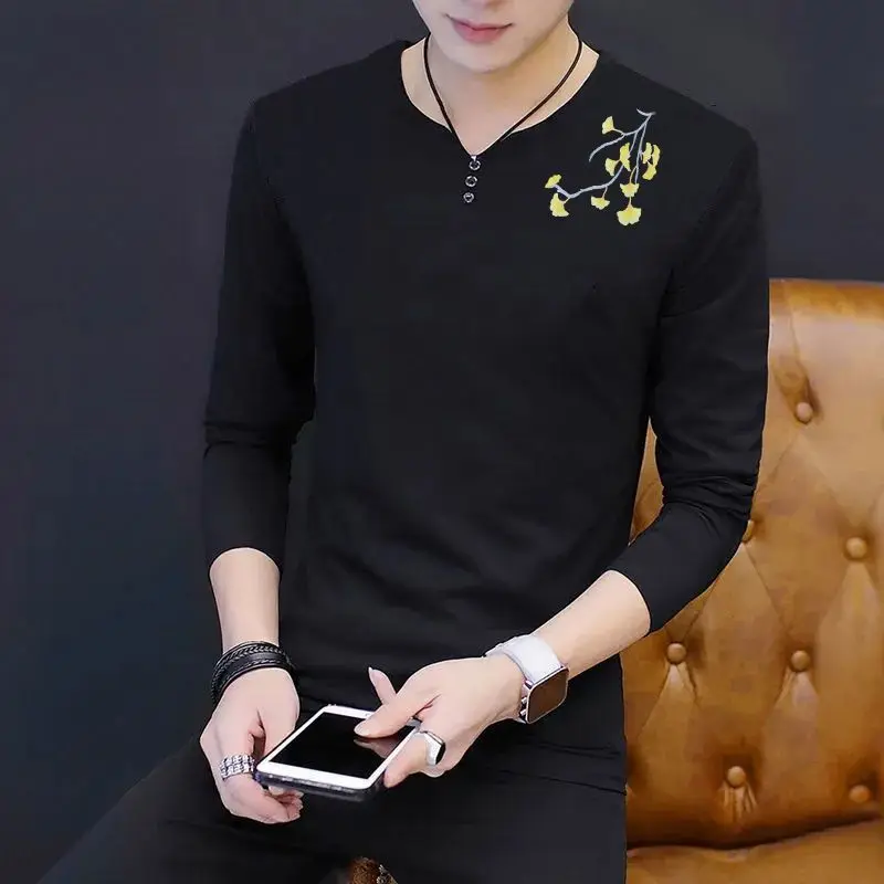 Men's Spring Autumn V Neck Long Sleeve T Shirt High Quality Solid Color Casual Base Layer for Middle Aged Young Adult