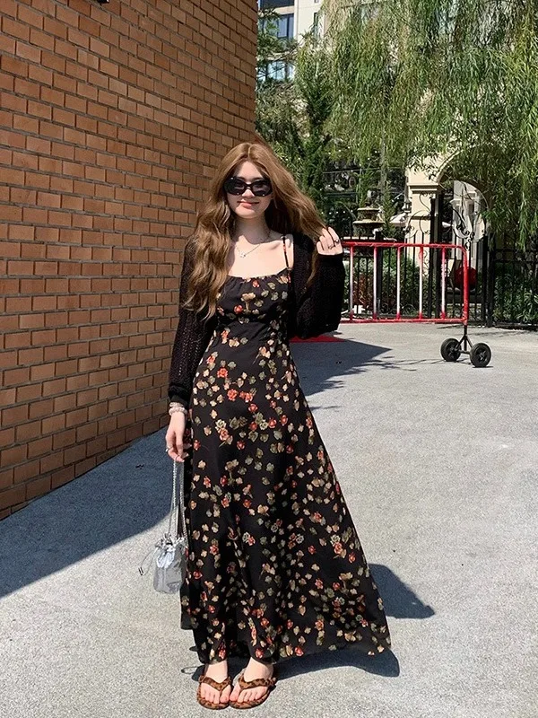 

plus Size Women's Summer Floral Print Halter Dress Slimming Waist Vacation Style Long Skirt Korean Version Commute Friendly