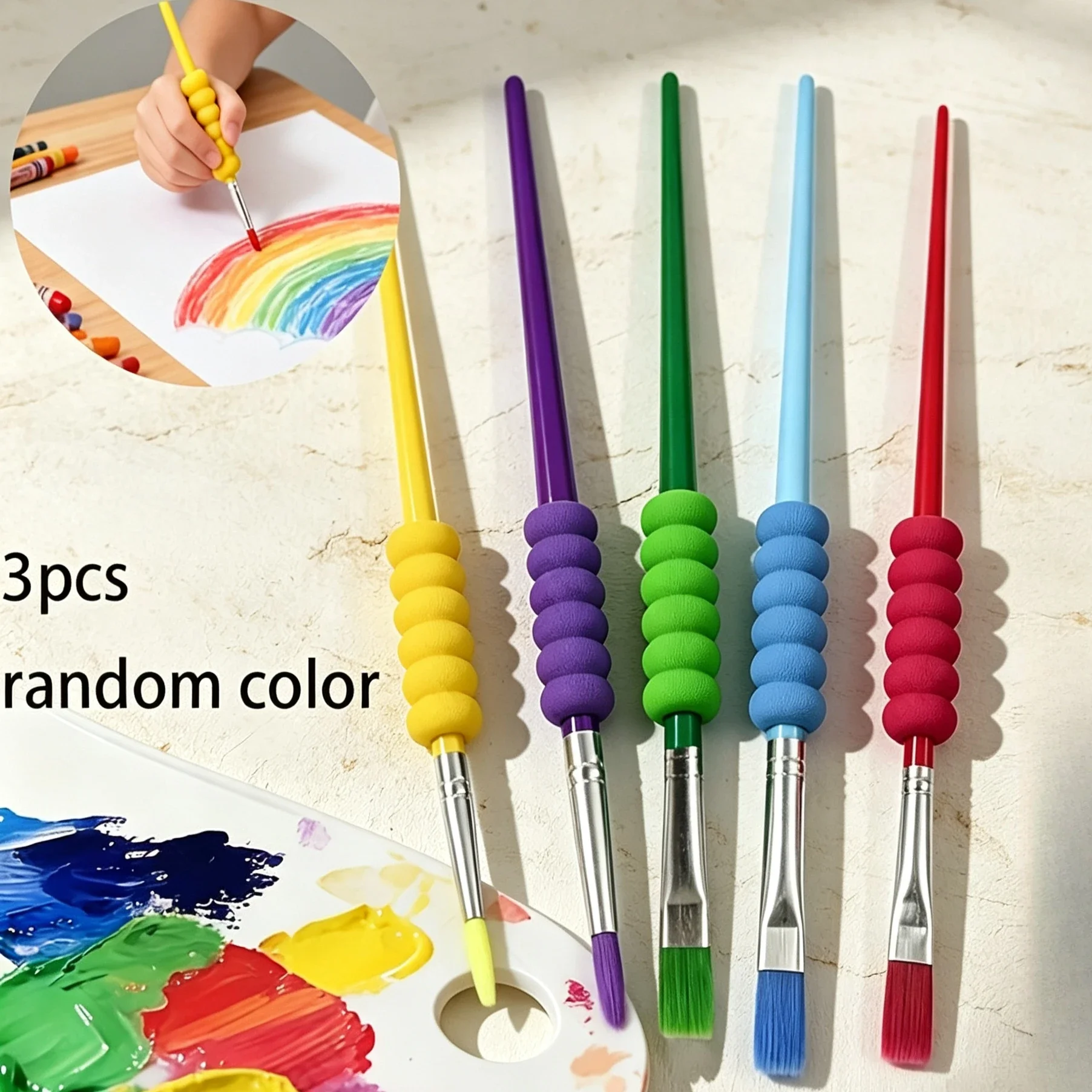 3Pcs Random Color Artist Brush Set, Nylon Bristle, Corrective Grip, Easy to Hold, No Hand Pain, No Hair Loss, Washable