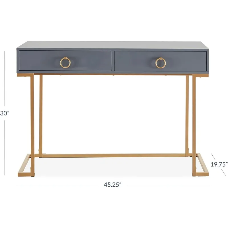 Modern 45-inch makeup vanity or home office computer laptop writing desk with two storage drawers, wood top and metal frame