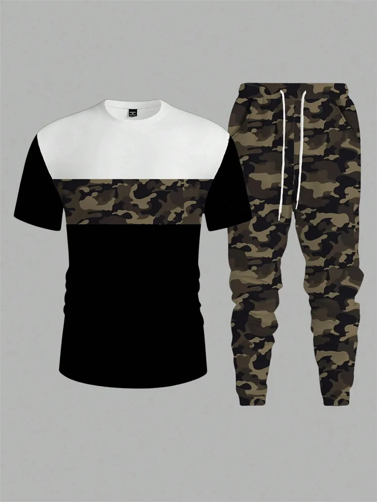

Street Style Men's Warm T-shirt And Long Pants Set Fall/Winter Daily Casual Men's Short-Sleeved Shirt 3D Camouflage Printed Pant