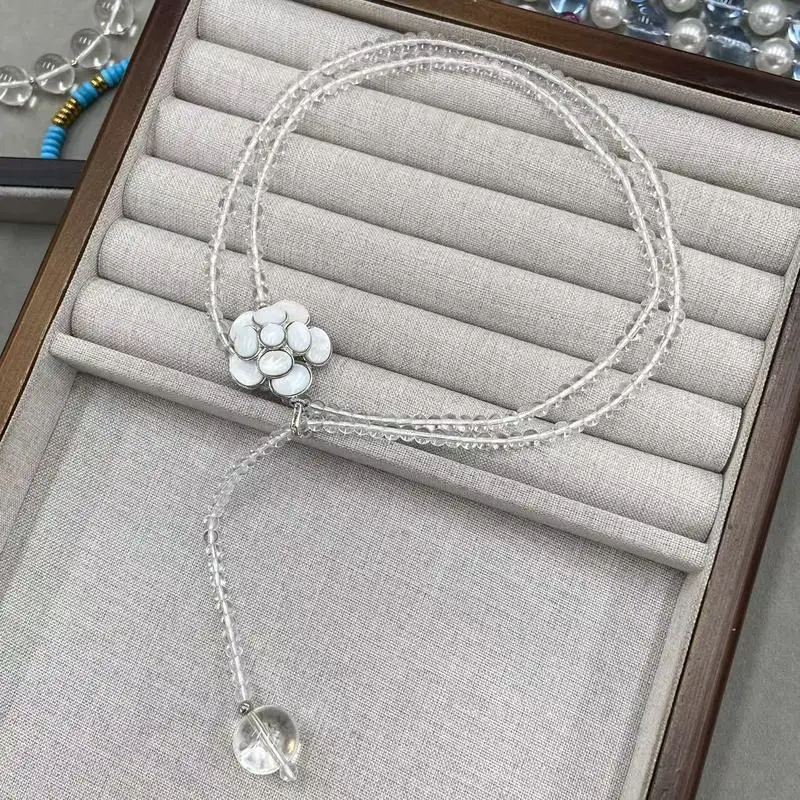 Camellia Flower Lariat Necklace White Shell Inlaid Clear Crystal Bead Adjustable Y Shape Neck Jewelry For Women Daily Wear