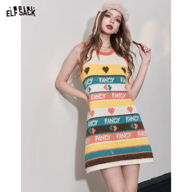 

ELFSACK Y2K 2000s Gyaru Rainbow Knitted Dresses For Women 2023 Winter Sleeveless Dress