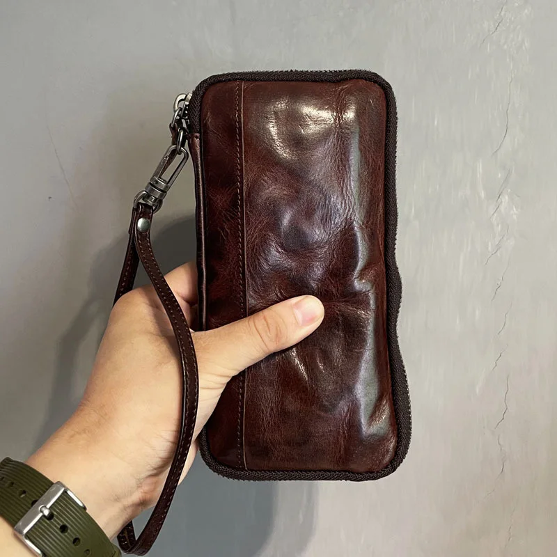 AETOO New leather wallet men\'s long zipper trendy retro mobile phone bag Japanese and Korean simple men\'s clutch bag men\'s leat