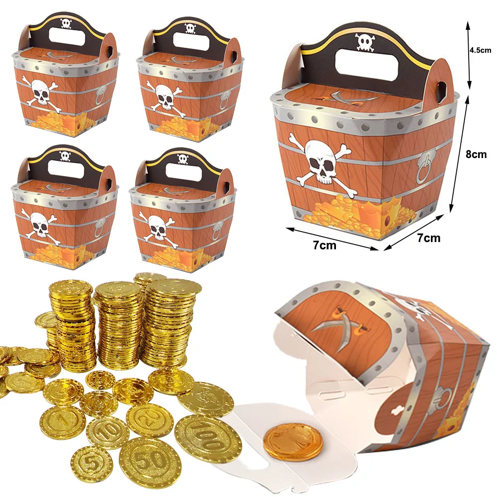 Cofre del Tesoro pirata, cajas de dulces, recuerdo de fiesta de cumpleaños pirata, caja de golosinas, juego de monedas de oro de plástico, decoraciones para fiestas temáticas piratas