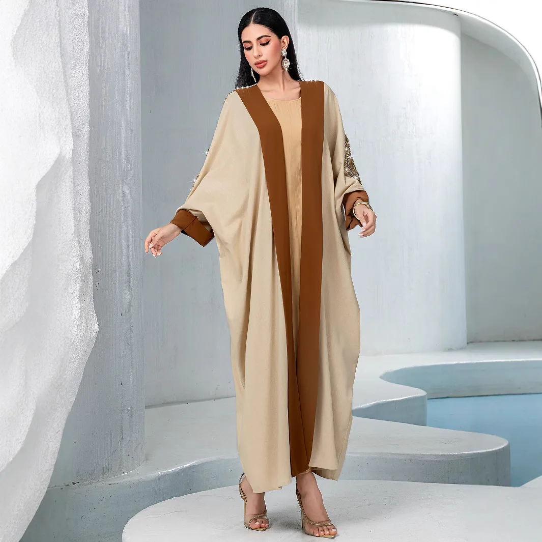 

2025 Women's Contrast Color Casual Trendy Beading Elegant Loose Cardigans Female Abaya Coat Khaki Middle East Muslim New Fashion