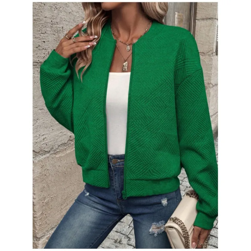 

Autumn And Winter New Solid Color Zipper Jacket Baseball Collar Casual Jacket Women's Round Collar Long Sleeve Geometric Pattern
