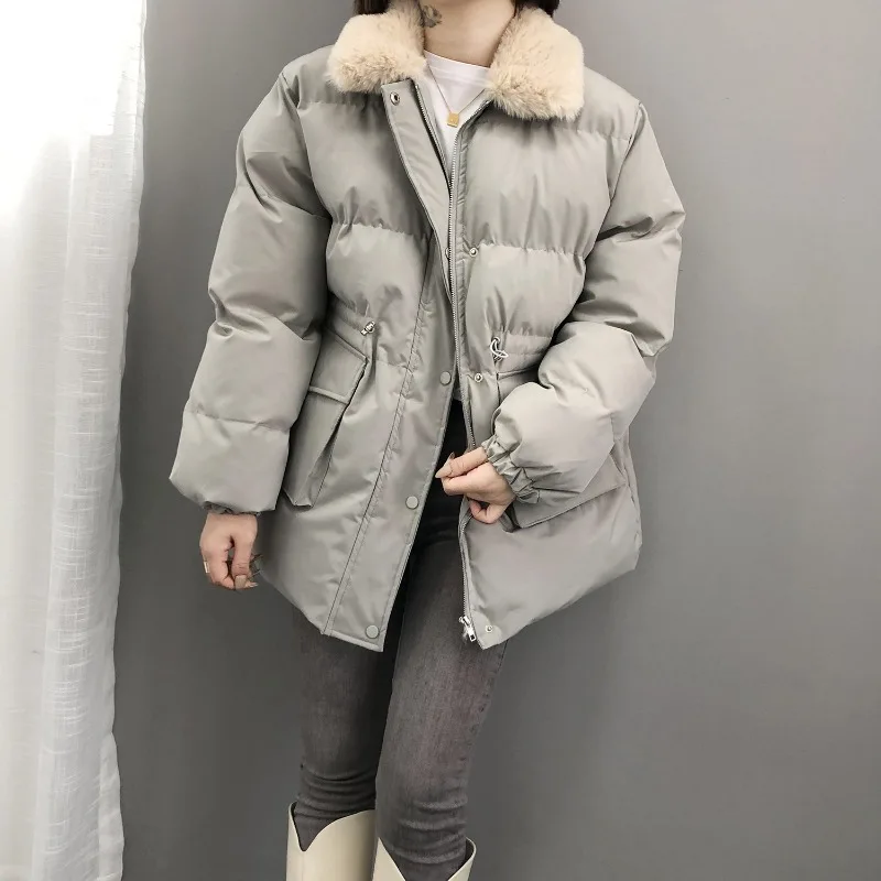 Abrigo de algodón de longitud corta para mujer, Parkas con cintura, prendas de vestir con solapa de pelo de conejo, abrigo de Cuello de piel,