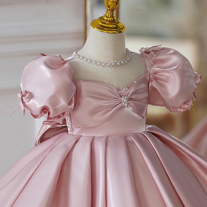 Kids Pink Luxury Birthday Party Dress for Little Girls Princess Short Evening Gowns Pageant Child Formal Occasion Dresses Satin