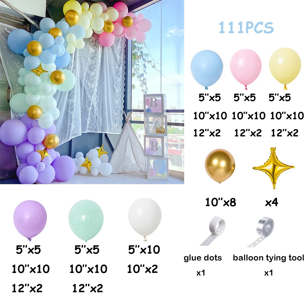 111Pcs Pastel Blue Pink Balloons Garland Rainbow Party Macaron Yellow Purple Green Balloon Arch Baby Shower Birthday Decorations