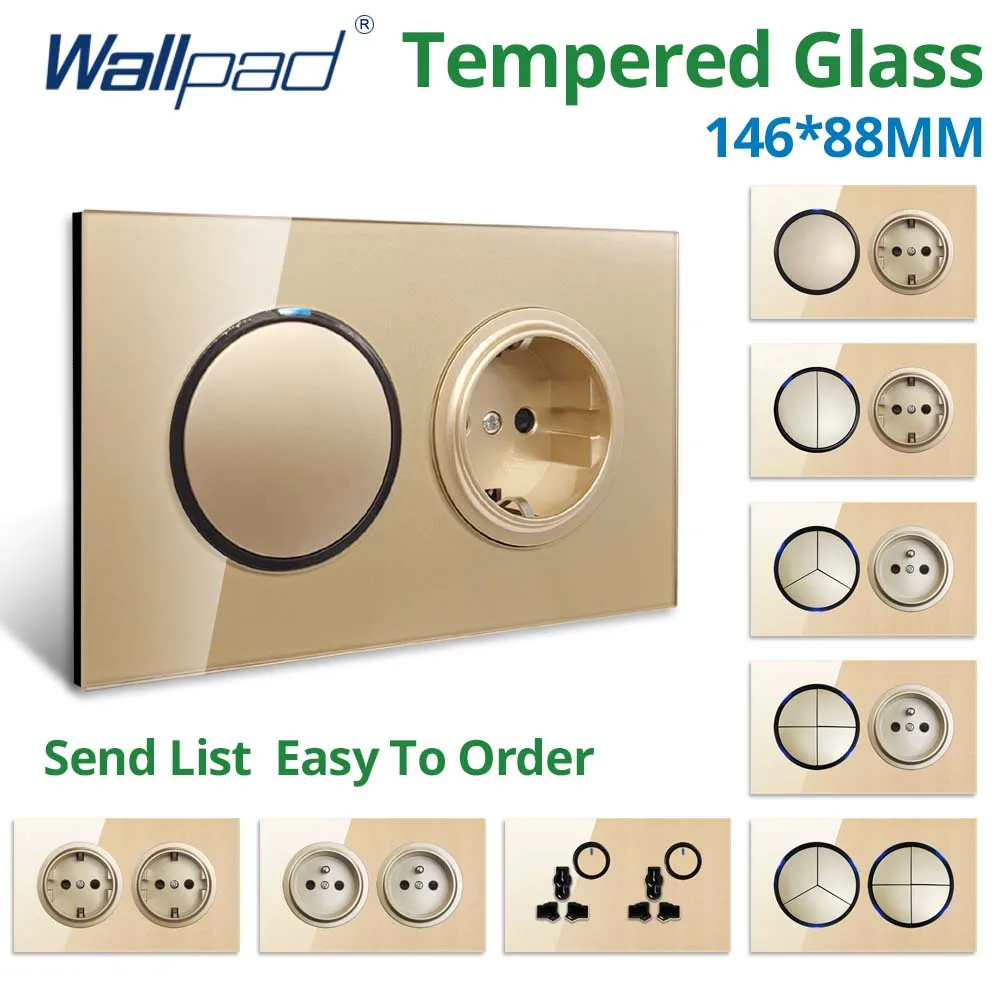 Wallpad USB EU UK Electric Socket Outlet Wall 1 2 3 4 Gang Switch 146*88mm Gold Dual Glass Panel Round Button