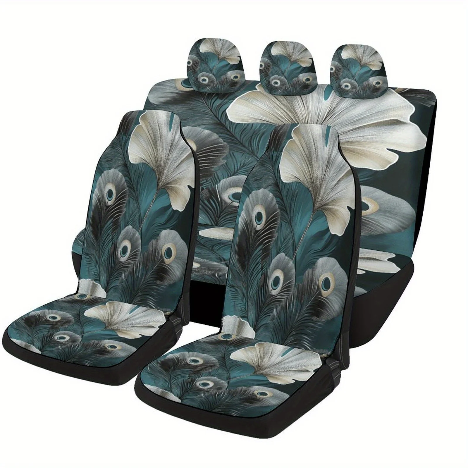

Full Set Of Peacock Feather And Leaf Themed Car Seat Covers For Most Cars, Stylish And Unique Novelty Protector Covers, Suitable