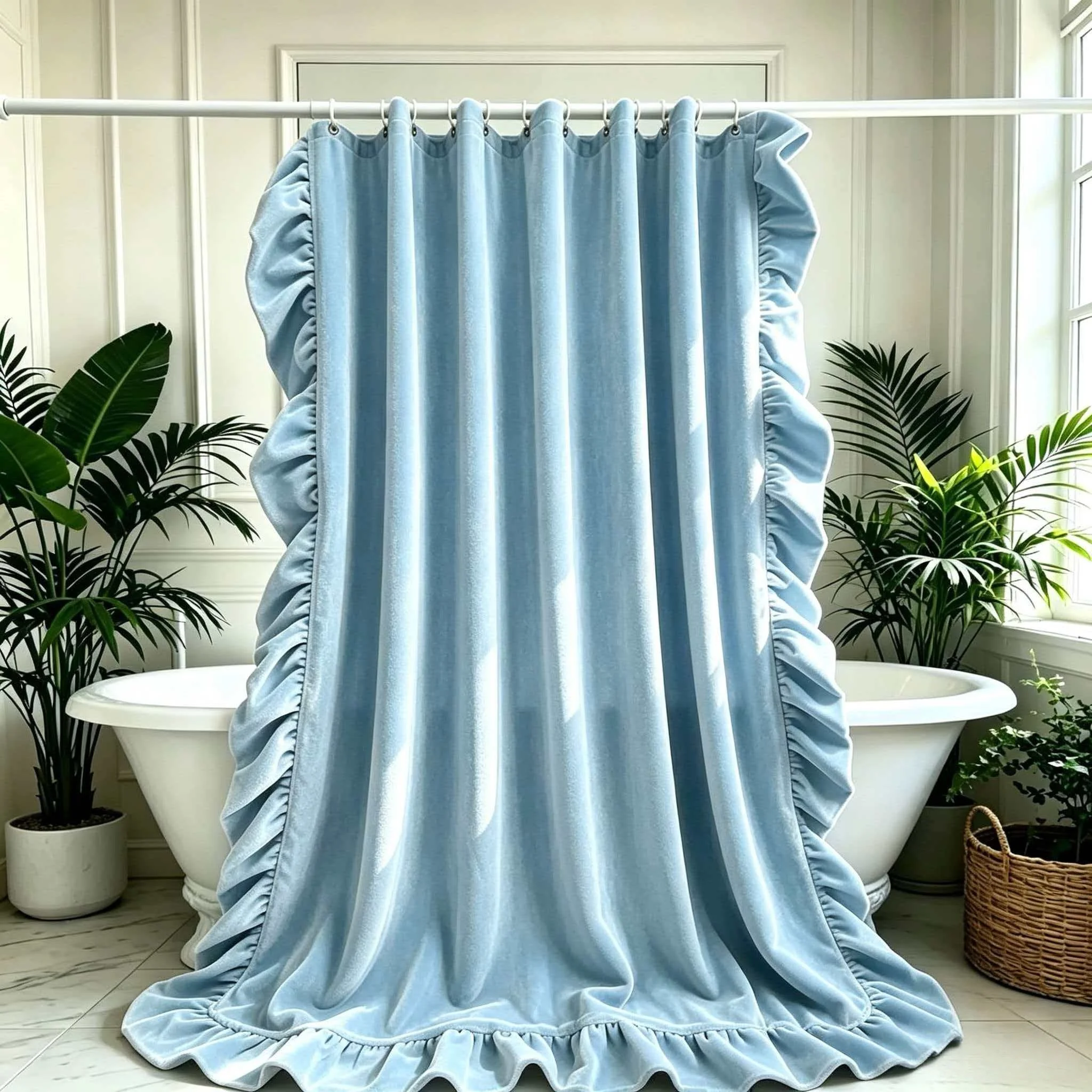 Thick Velvet 3-Sided Ruffle Shower Curtain Luxury Decor Fabric Bath Curtain Free Matching Hooks Included