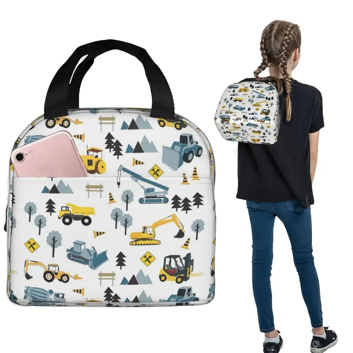 Cartoon Truck Car Tractor Excavator Pattern Insulated Lunch Bag for Women Children Portable Food Boxes Thermal Lunch Box Tote