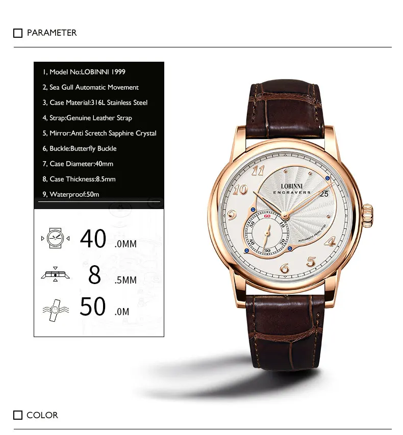 LOBINNI Männer Luxus Uhr 8,5 MM Vintage Ultradünne Automatische Uhren Mechanische Armbanduhr 50M Wasserdicht Saphir Kleine Rotor