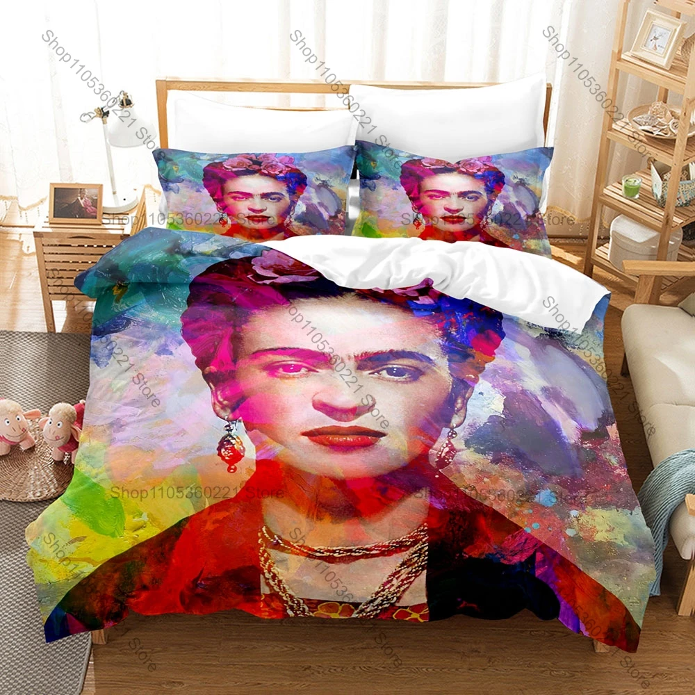 Cool Classic Frida Kahlo Art Print Duvet Cover 2 Pillowcases Soft Microfiber Bohemian Style Room Bedding Mexican Art Bed Linens
