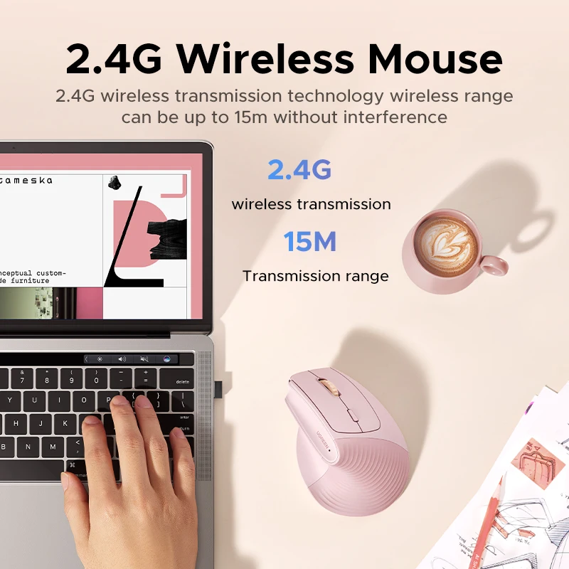 Ratón inalámbrico vertical UGREEN ergonómico silencioso negro rosa - imagen 2