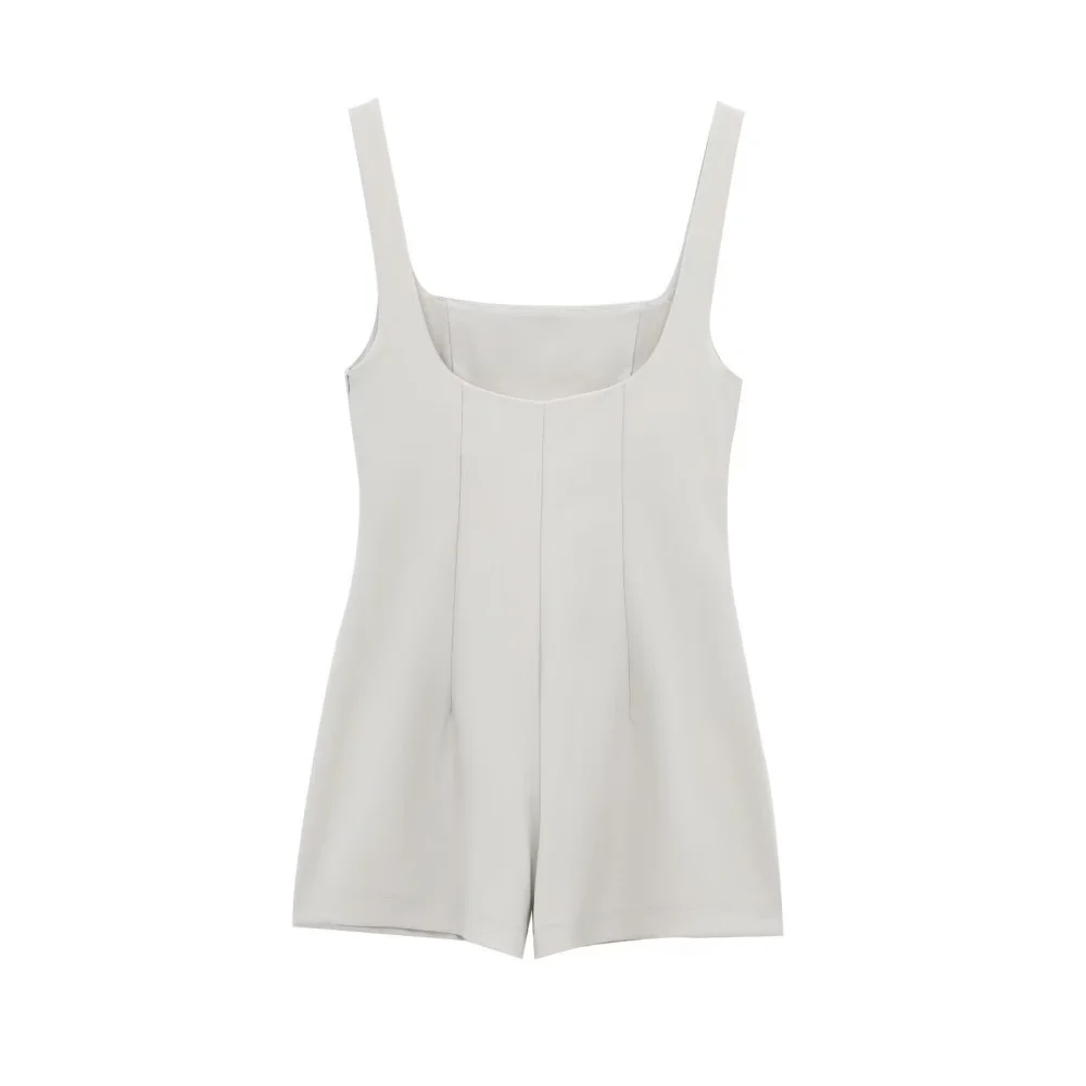 ชุดจั๊มสูทแฟชั่นใหม่สำหรับผู้หญิง คอเหลี่ยม สายเดี่ยว ไม่มีแขน มีกระเป๋าซิป เหมาะสำหรับฤดูใบไม้ผลิ/ฤดูร้อน