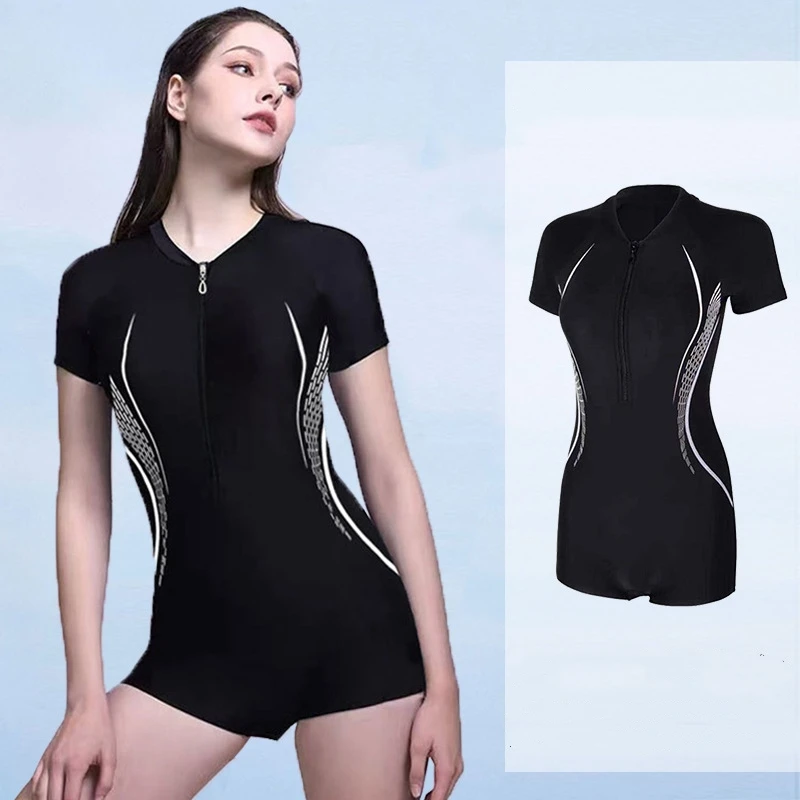 

Women Professional One Piece Water Sports SwimSuit With Zipper Short Sleeve Competition Sexy Push Up Beach Surfing Bathing Wear