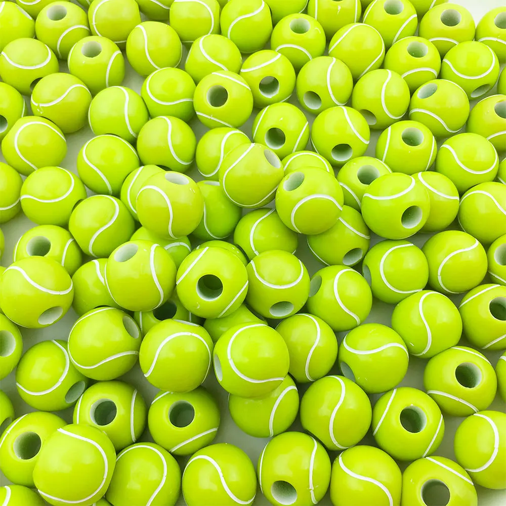 20pcs Round Sports Series Tennis Shaped Acrylic Bead 10mm With Large Holes Mixed Color For Hair DIY Handmade Accessory Materials