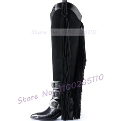 Black Fringes Western Long Boots Women Sexy Metal Pointy Toe Silver Buckles Block Heels Crocodile Splicing Thigh High Boots