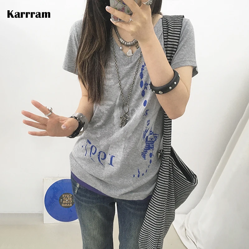 Karrram Japanese Y2k Fake Two-piece T-shirt Trashy 2000s Letter Print V-neck Tops Vintage Harajuku Streetwear American Retro 90s