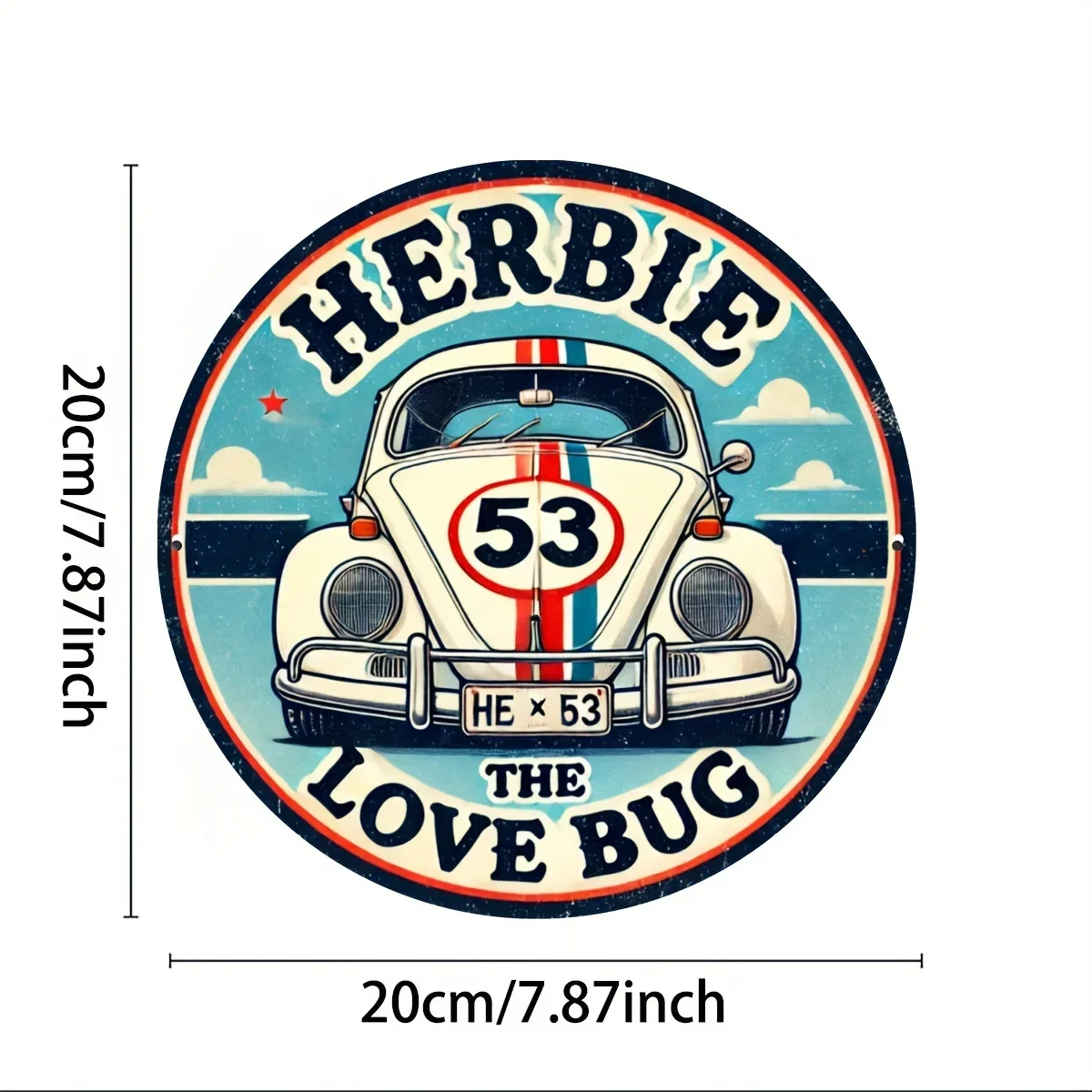 Vintage Herbie The Love Bug 53 Classic Car Round Tin Sign, Retro Herbie Volkswagen Beetle Metal Wall Art, Rustic Movie Car Theme