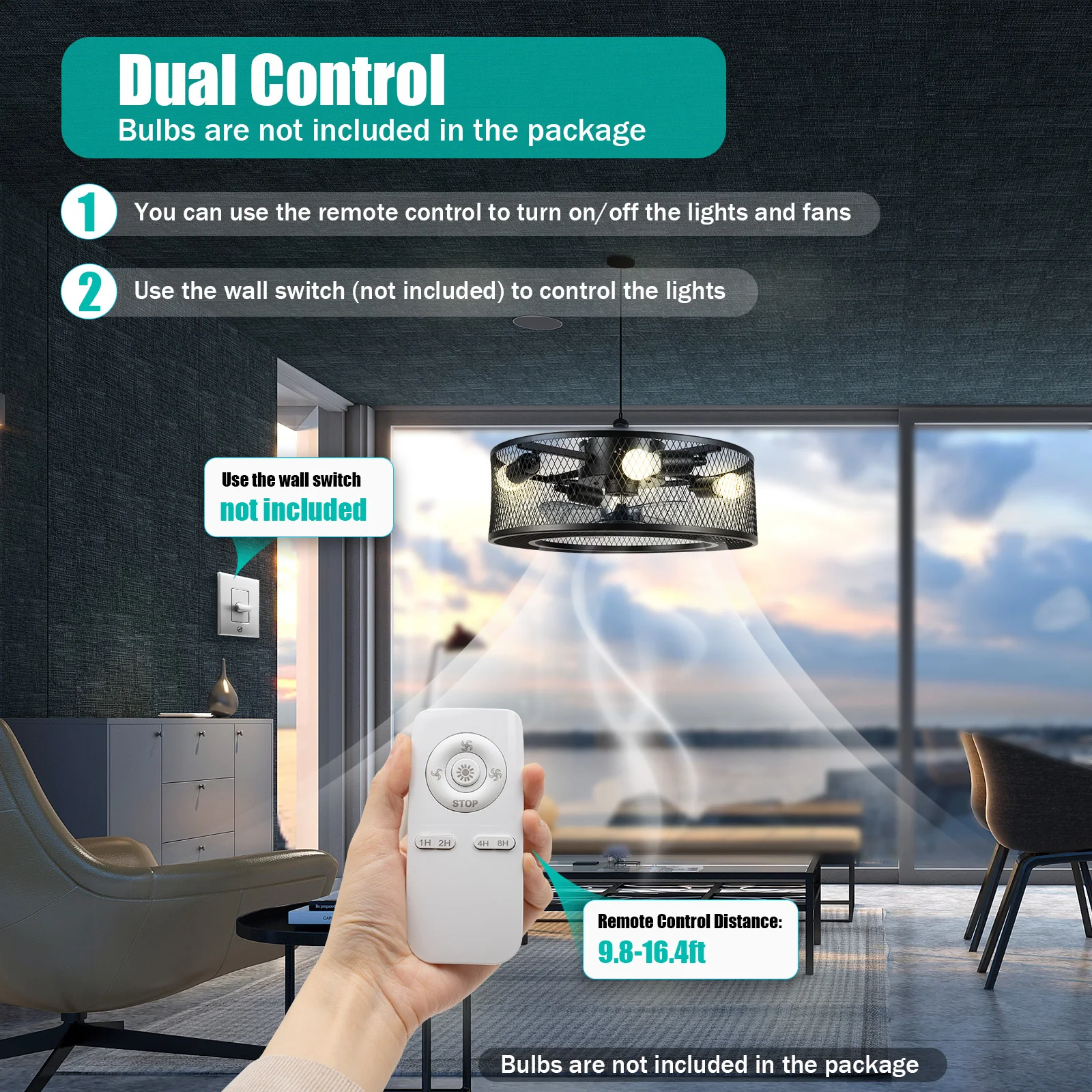 18 Inch 3 Speeds Ceiling Fan Light with Remote Control 1/2/4/8H Timer E27 X 4 Iron Frame Black Modern Design for Living Room Bedroom Kitchen Indoor Home Use