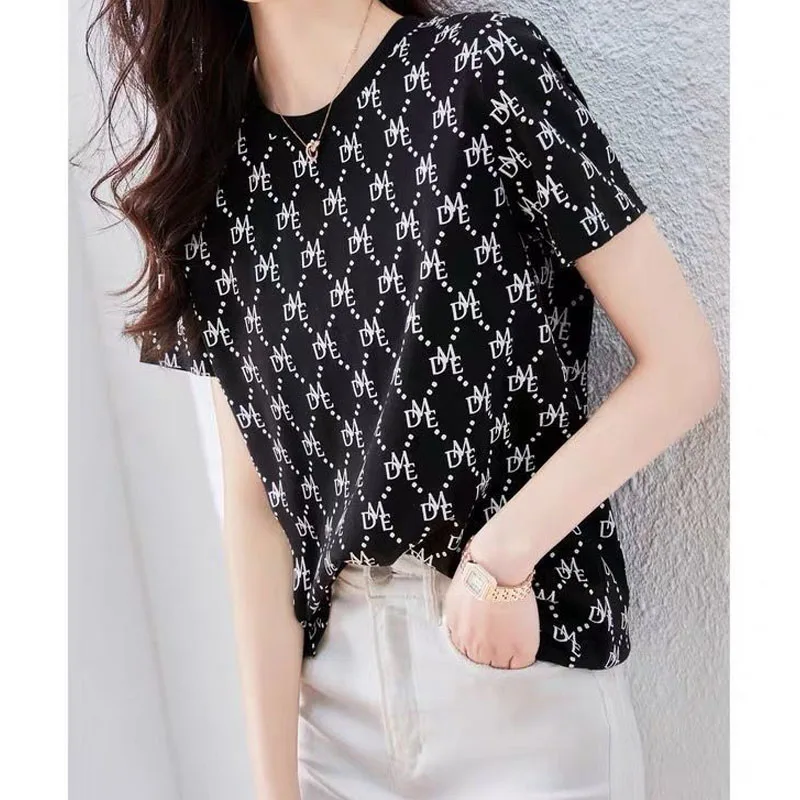 2023 Summer New Fashion Letter Printing Short Sleeve Casual T-shirt Women's Clothing Korean Round Neck Loose Black Tops Ladies