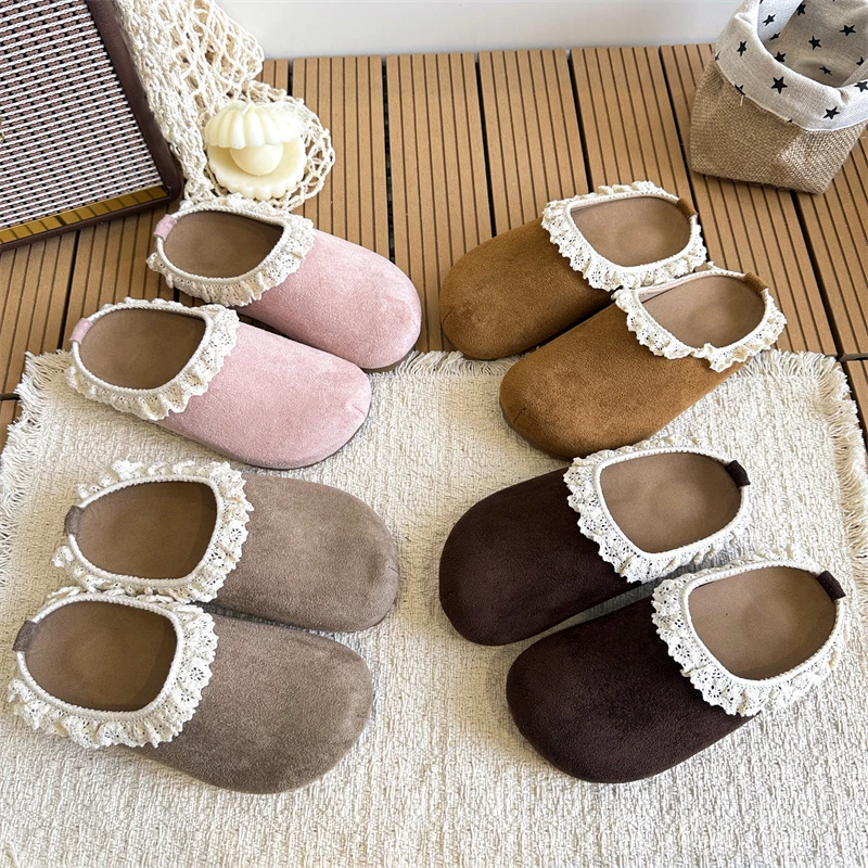

Kids Suede House Slippers Lace Trim - Girls Closed Toe Soft Sole Toddler Non-Slip Indoor Comfortable Home Slippers for Girls