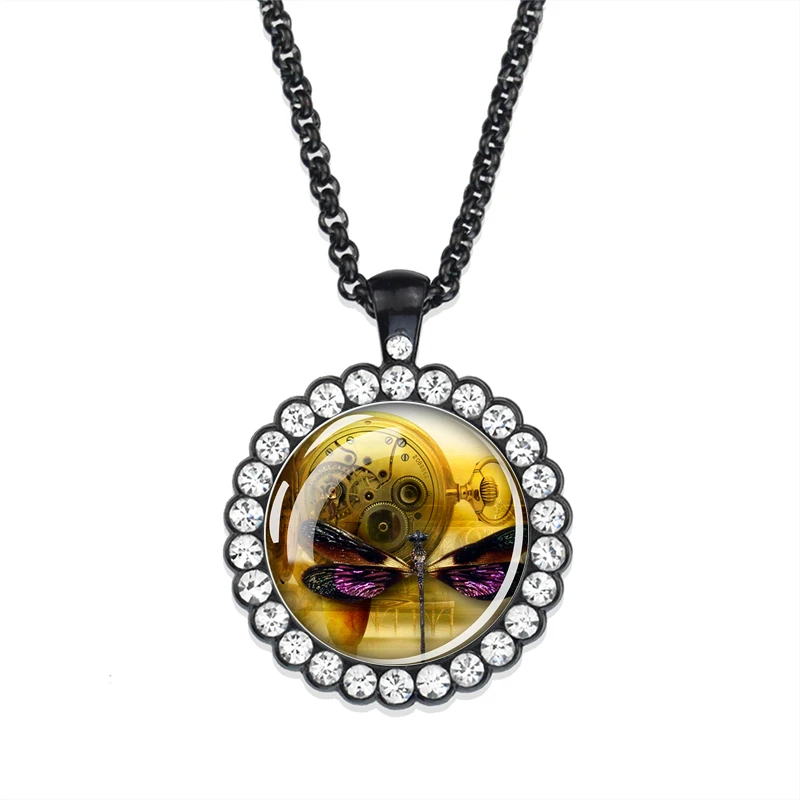 1 قطعة ساعة الحشرات الطائرة تحت عنوان حجر الراين الأسود قلادة قلادة الزجاج كابوشون الأزياء الميكانيكية قلادة قلادة معدنية هدية