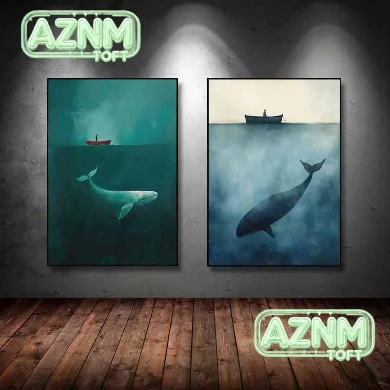 Humpback Whale Dark Green Art Poster Print Vintage Ship Giant Whale Canvas Painting Ocean Wall Art for Living Room Home Decor