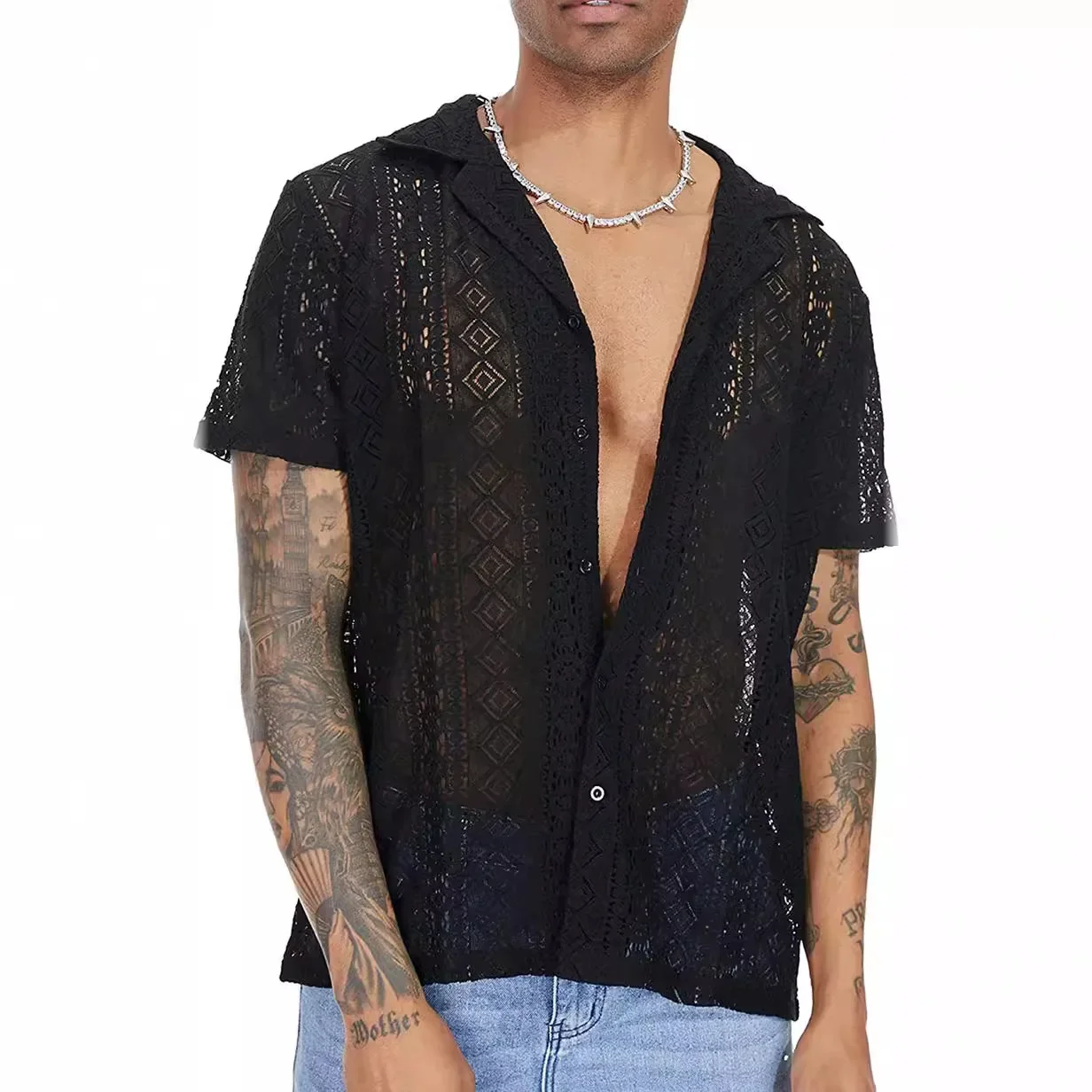 

New Men's Fashion Lace Transparent Short Sleeve Single Breasted Lapel Shirt Mini Streets Sex Appeal Party Nightclub Men Shirt