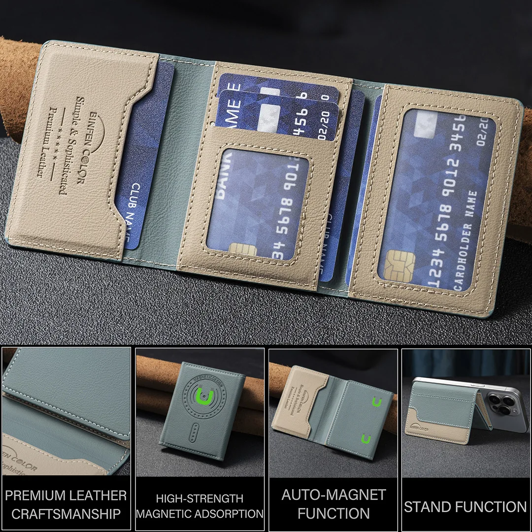 Geeignet für iPhone 16 Dreifach Faltbare Magnetische Brieftasche Kartenhalter, Magnetische Brieftasche mit Rückseitiger Saugnapf-Halterung Universelle Handy-Kartentasche – Detail 15