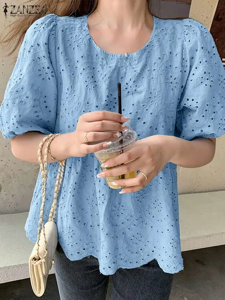 2024 ZANZEA Summer Half Sleeve Embroidery Blouse Women Fashion Hollow Out Tops Bohemian Holiday Shirt Loose Party Blusas Chemise