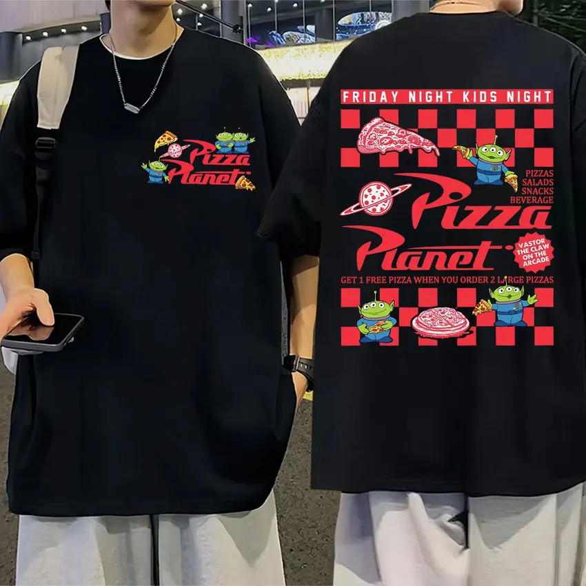 Divertente Pizza Planet Double Sided Print T-Shirt uomo donna Fashion Cartoon Harajuku magliette Casual Cotton oversize Street T Shirt