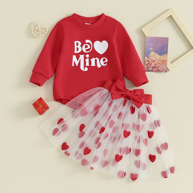 

Suefunskry Baby Girls Valentine's Day 2Pcs Outfit, Long Sleeve Letters Print Romper with Bow Heart Tulle Skirt Fall Outfit