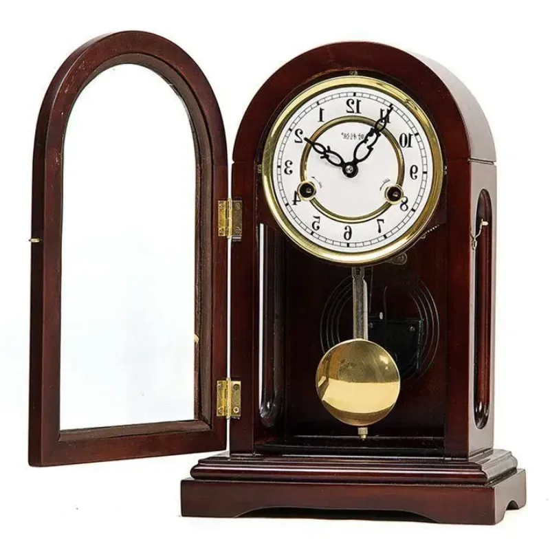 Retro Desk Clock Chime Mechanical Desktop Watches Wooden Living Room Pendulum Clock Pure Copper Interior Accessories Decoration