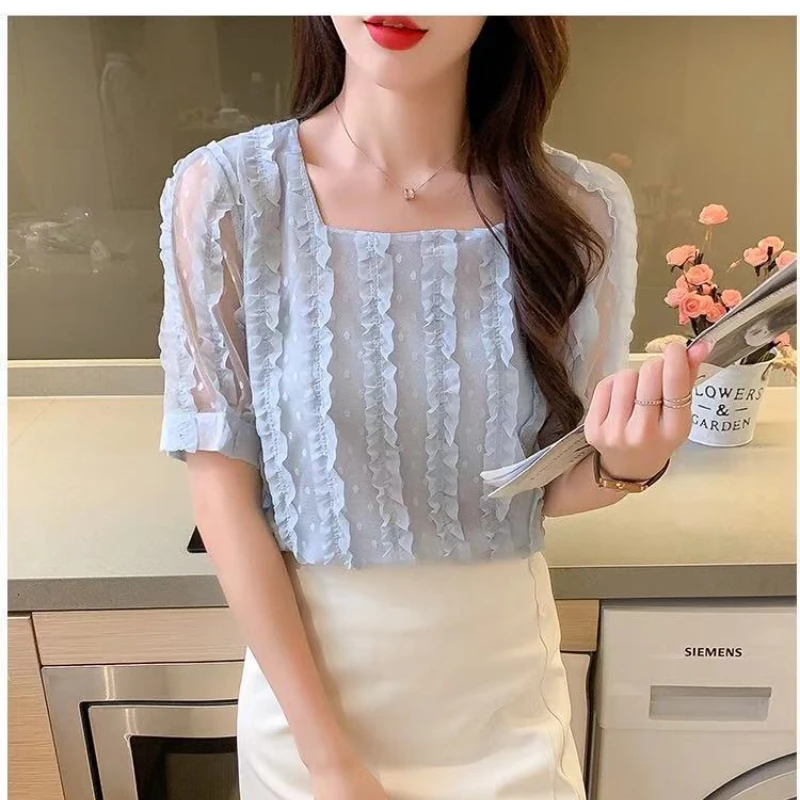 2024 New Summer Korean Edition Simple Short Sleeved Chiffon Pullover Solid Color Square Neck Hollow Lace Women\'s Shirt Top