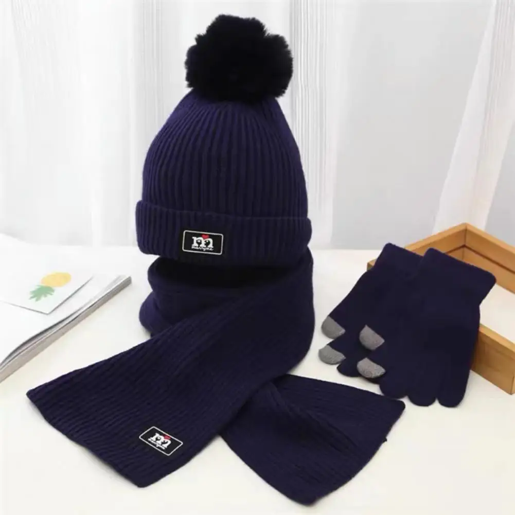 Winter Hat Scarf Glove Combo Kids Winter Accessories Set Hat Scarf Gloves Plush Ball Decor Knitted Windproof Warm for Boys