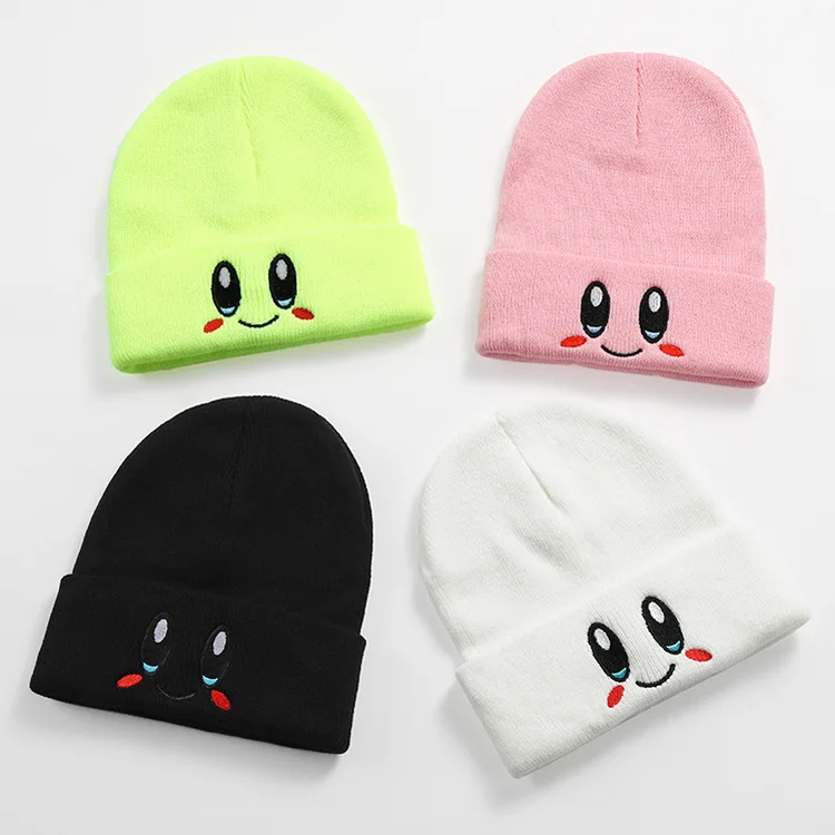 Cartoons New Pink Kirby Knitted Hat Eye Embroidery Elasticity Beanie Winter Keep Warm Girl Fashion Autumn Crimping Women