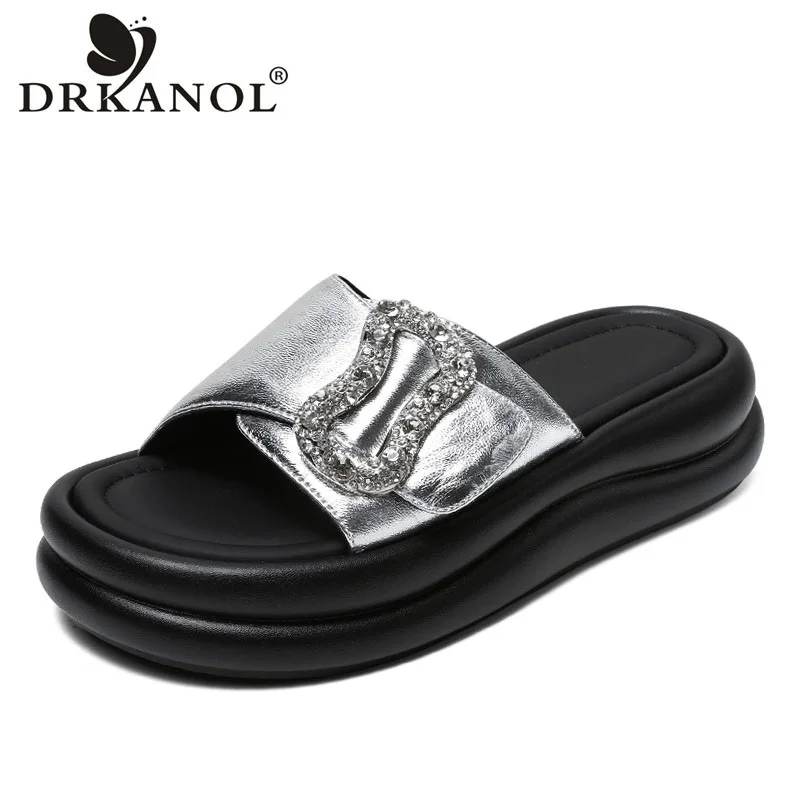 

DRKANOL 2024 Luxury Design Sheepskin Slippers Women Thick Sole Platform Open Toe Genuine Leather Slippers Outside Casual Slides