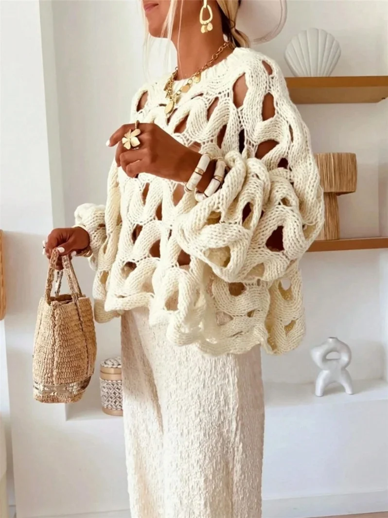 

Ladies Color Hollow Crochet Long Sleeve Sweater Comfortable Loose Fit Warm Knitted Woolen Pullover for Autumn Season
