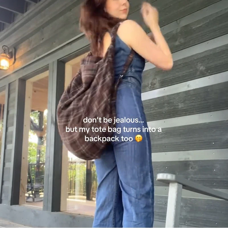 Koreanische karierte Canvas-Umhängetasche, Vintage-Mode-Rucksack, Damen-Tasche mit großem Fassungsvermögen, leichte, lässige Tragetasche für den Arbeitsweg – Detail 16