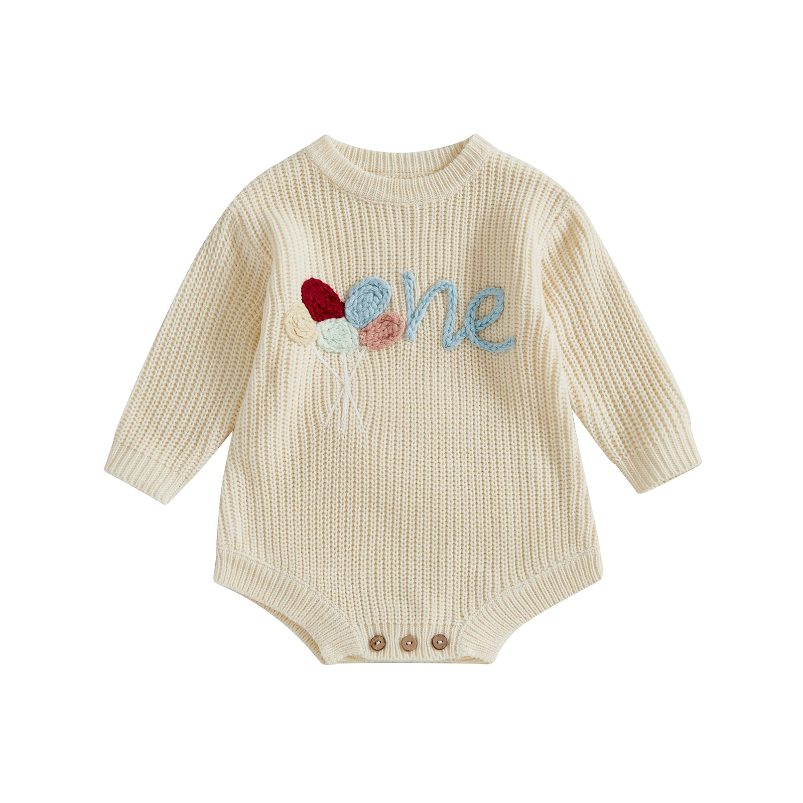 

Baby Sweater Romper Long Sleeve Round Neck Embroidery Knit Bodysuit Birthday Outfit