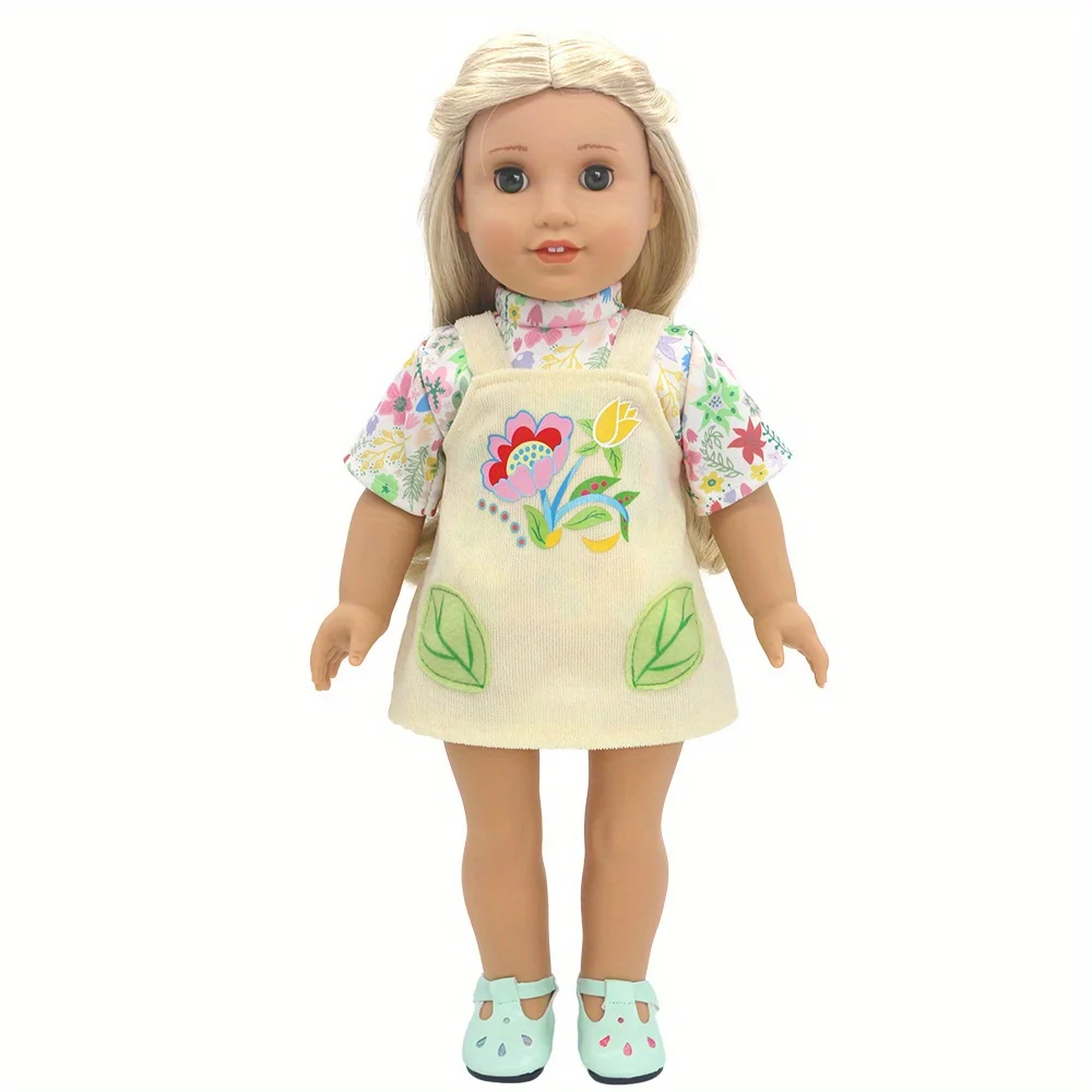 1 zestaw jasnożółtej sukienki na ramiączkach w kwiaty i liście dla lalek dla dziewczynek 18 cali (45,7 cm). Nadaje się do amerykańskich lalek