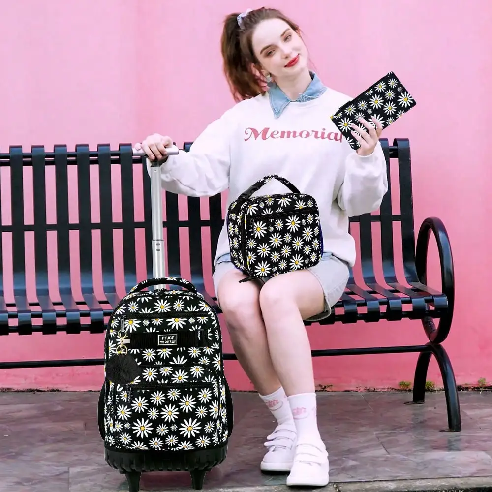 Rolling Backpack For Girls, Women Roller Wheels Bookbag, Laptop Daisy Wheeled School Bag With Wheels For Teens