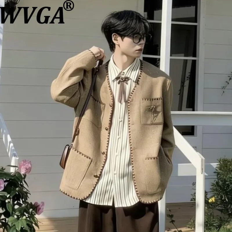 

Новый мужской твидовый блейзер WVGA в горошек для весны и осени, модный повседневный пиджак без воротника на одной пуговице в стиле Y2K, модель W20932