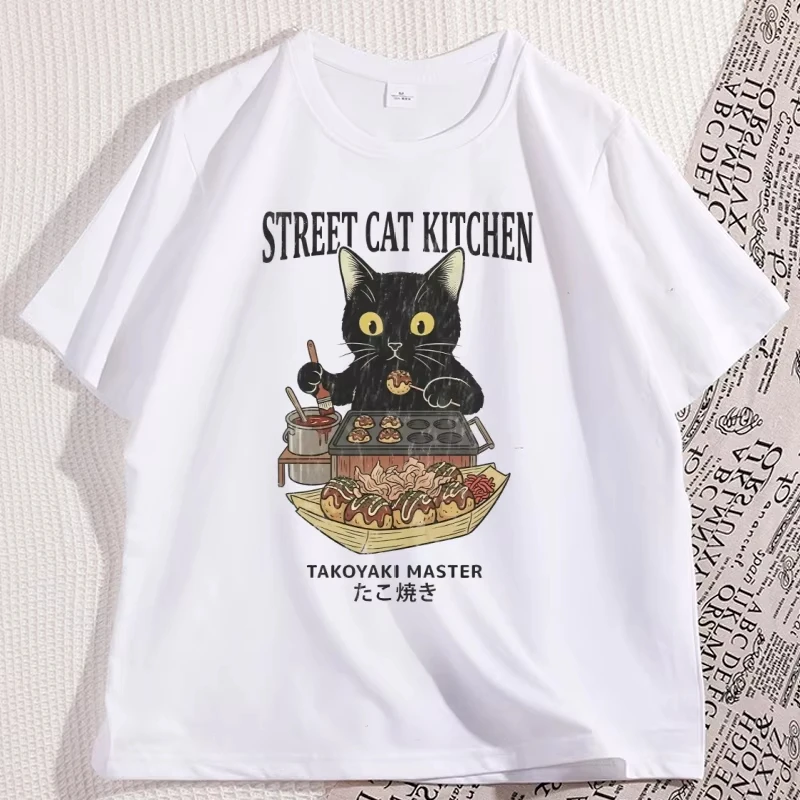 

Street Cat Kitchen T-shirt Men Women Funny Japanese Style Cat Printed Tshirt Y2k Clothes Man Summer Short Sleeve Tees Tops